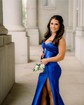Mermaid Strapless Satin Cut Out Prom Dresses With Ruched