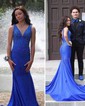 Mermaid V-neck Jersey Backless Beaded Prom Dresses