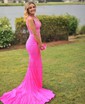 Mermaid V-neck Jersey Backless Beaded Prom Dresses