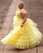 Ball Gown Off-the-shoulder Tulle Tiered Prom Dresses With 3D Floral