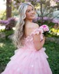 Ball Gown Off-the-shoulder Tulle Tiered Prom Dresses With 3D Floral