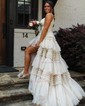 Sky Blue Ball Gown V-neck Tulle Ruffle Tiered Prom Dresses