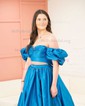 Ball Gown Off-the-shoulder Satin Puff Sleeve Two Piece Prom Dresses