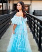 Ball Gown Off-the-shoulder Chiffon Ruffle Prom Dresses With Puff Sleeve