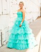 Ball Gown Strapless Tulle Ruffle Tiered Prom Dresses