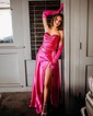 Mermaid Strapless Ruched Satin Prom Dresses With Appliques