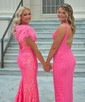 Mermaid Off-the-shoulder Sparkly Sequin Prom Dresses With Feather