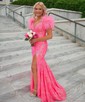 Mermaid Off-the-shoulder Sparkly Sequin Prom Dresses With Feather