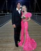 Mermaid Off-the-shoulder Sparkly Sequin Prom Dresses With Feather