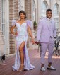 Mermaid Off-the-shoulder Sparkly Sequin Prom Dresses With Feather