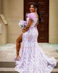 Mermaid Off-the-shoulder Sparkly Sequin Prom Dresses With Feather