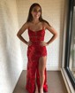 Sheath/Column V-neck Sparkly Sequin Prom Dresses With Appliques