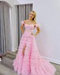 Ball Gown Off-the-shoulder Tulle Tiered Prom Dresses With Feather