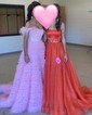 Ball Gown Off-the-shoulder Tulle Tiered Prom Dresses With Feather