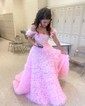 Ball Gown Off-the-shoulder Tulle Tiered Prom Dresses With Feather