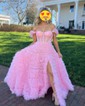 Ball Gown Off-the-shoulder Tulle Tiered Prom Dresses With Feather