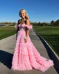 Ball Gown Off-the-shoulder Tulle Tiered Prom Dresses With Feather