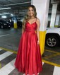Ball Gown V-neck Floor-length Satin Prom Dresses With Ruched