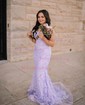 Mermaid Square Neck Lace Tulle Prom Dresses With Appliques