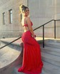 Mermaid V-neck Jersey Cut Out Beaded Prom Dresses