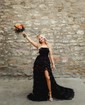 Ball Gown Strapless Tulle Tiered Prom Dresses With Appliques