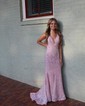 Mermaid V-neck Backless Sparkly Velvet Sequin Prom Dresses
