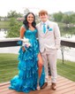Ball Gown V-neck Sequin Ruffle Tiered Prom Dresses