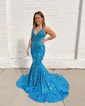 Mermaid V-neck Sparkly Sequin Prom Dresses With Appliques