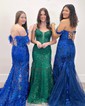 Mermaid Off-the-shoulder Sparkly Sequin Prom Dresses With Feather