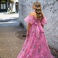 Ball Gown Off-the-shoulder Tulle Floral Prom Dresses With Puff Sleeve