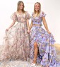 Ball Gown Off-the-shoulder Tulle Floral Prom Dresses With Puff Sleeve
