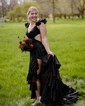 A-line V-neck Satin Cut Out Ruffle Tiered Prom Dresses