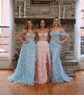 Ball Gown V-neck Tulle Tiered Prom Dresses With Appliques