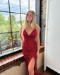 Sheath/Column V-neck Sparkly Sequin Prom Dresses With Fringe