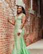 Mermaid V-neck Backless Sparkly Sequin Prom Dresses