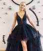 A-line V-neck Tulle Ruffle Tiered Prom Dresses With Appliques