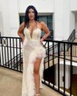 Sheath/Column Strapless Sparkly Sequin Prom Dresses With Feather