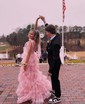 Ball Gown V-neck Floral Tulle Ruffle Tiered Prom Dresses