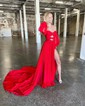 Ball Gown Off-the-shoulder Chiffon Pleated Prom Dresses With Puff Sleeve