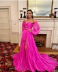 Ball Gown Off-the-shoulder Chiffon Pleated Prom Dresses With Puff Sleeve