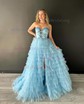 Ball Gown V-neck Tulle Ruffle Tiered Prom Dresses With Beading