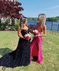 Ball Gown V-neck Tulle Tiered Prom Dresses With Appliques