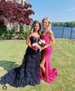 Ball Gown V-neck Tulle Tiered Prom Dresses With Appliques