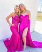 Mermaid Strapless Ruched Satin Prom Dresses With Appliques