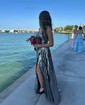 Sparkly A-line Cowl Neck Metallic Prom Dresses With Ruched
