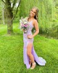 Sheath/Column V-neck Sparkly Sequin Prom Dresses With Appliques