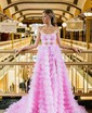 Princess Strapless Floral Tulle Ruffle Tiered Prom Dresses