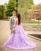 Princess Strapless Floral Tulle Ruffle Tiered Prom Dresses