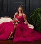 Ball Gown V-neck Glitter Tulle Ruffle Tiered Prom Dresses