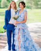 Ball Gown V-neck Floral Tulle Ruffle Tiered Prom Dresses